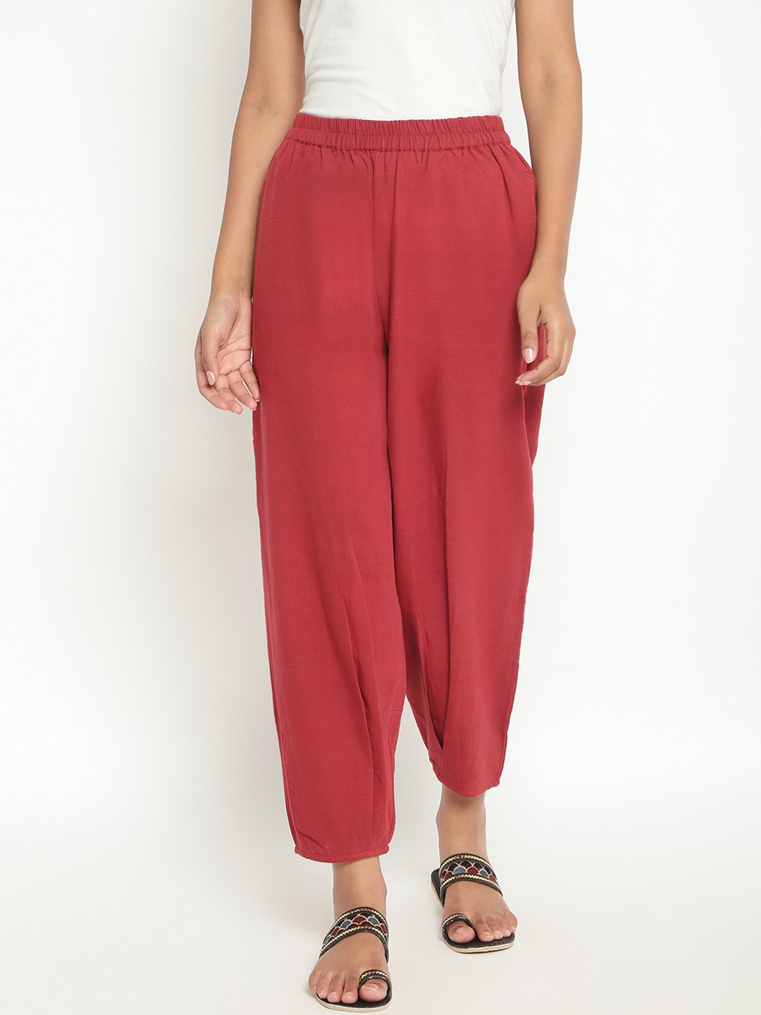 

Fabindia Women Red Loose Fit Parallel Trousers