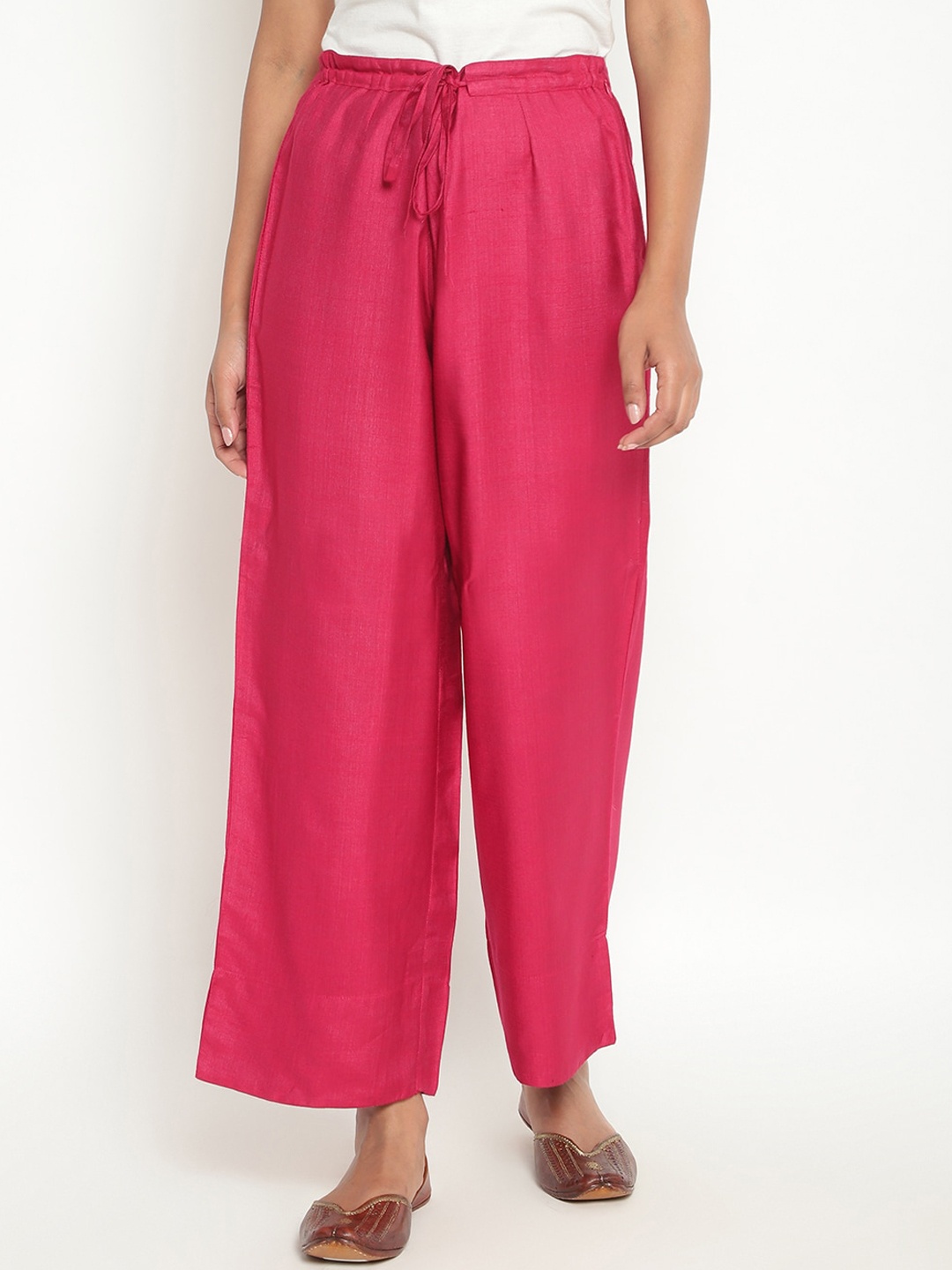 

Fabindia Women Fuchsia Pink Pleated Parallel Trousers