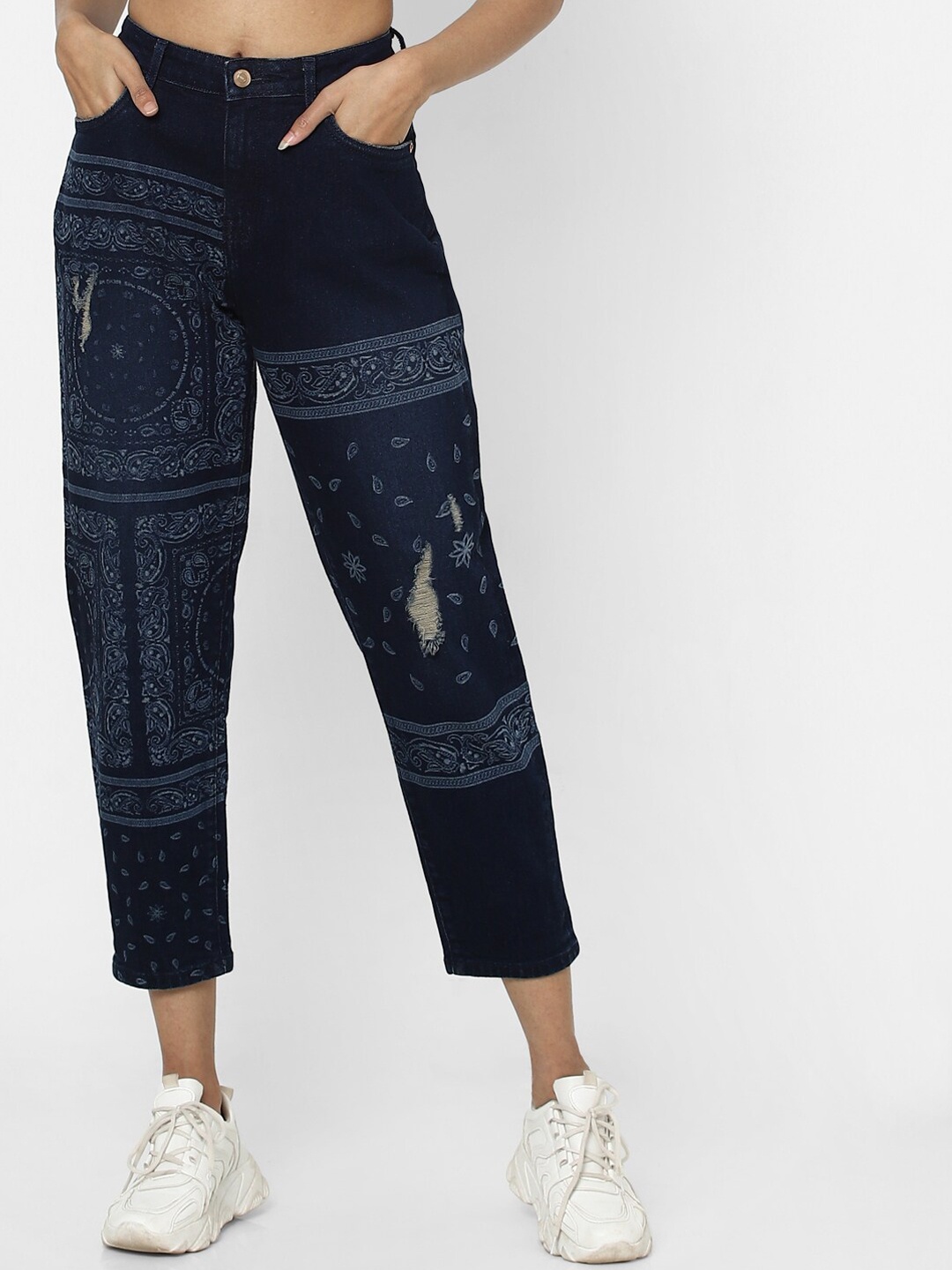 

ONLY Women Blue Relaxed Fit High-Rise Mildly Distressed Printed Jeans