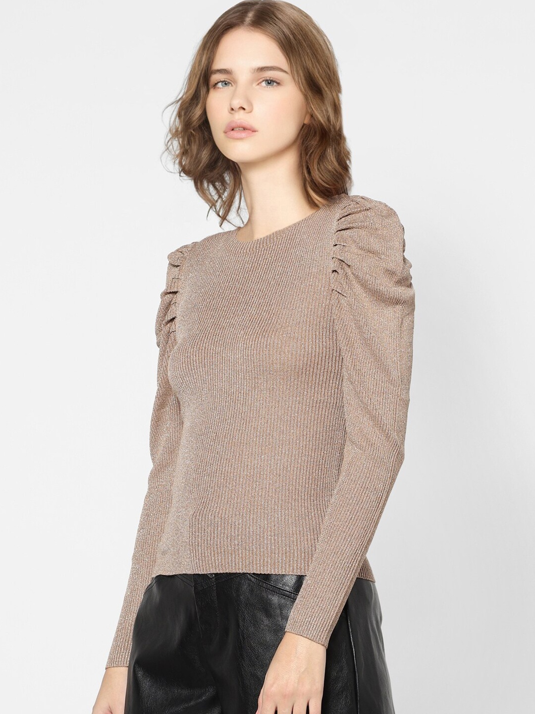 

ONLY Women Beige Ribbed Puff Sleeves Pullover Sweater