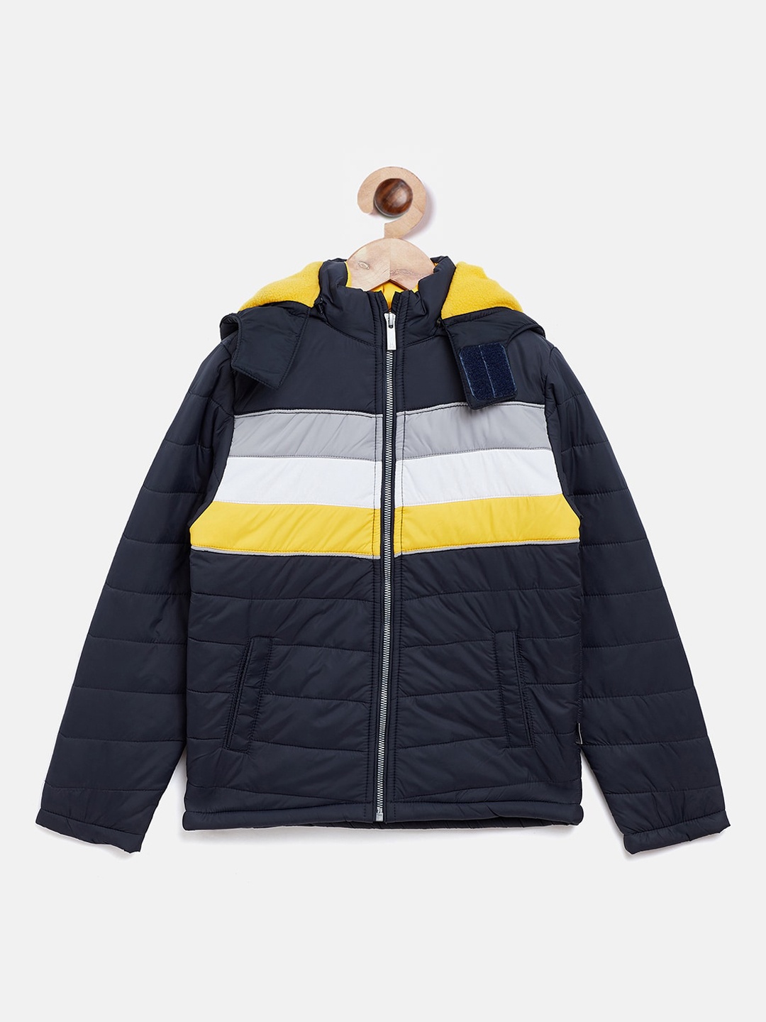 

Crimsoune Club Boys Navy Blue & Yellow Colourblocked Detachable Hooded Padded Jacket