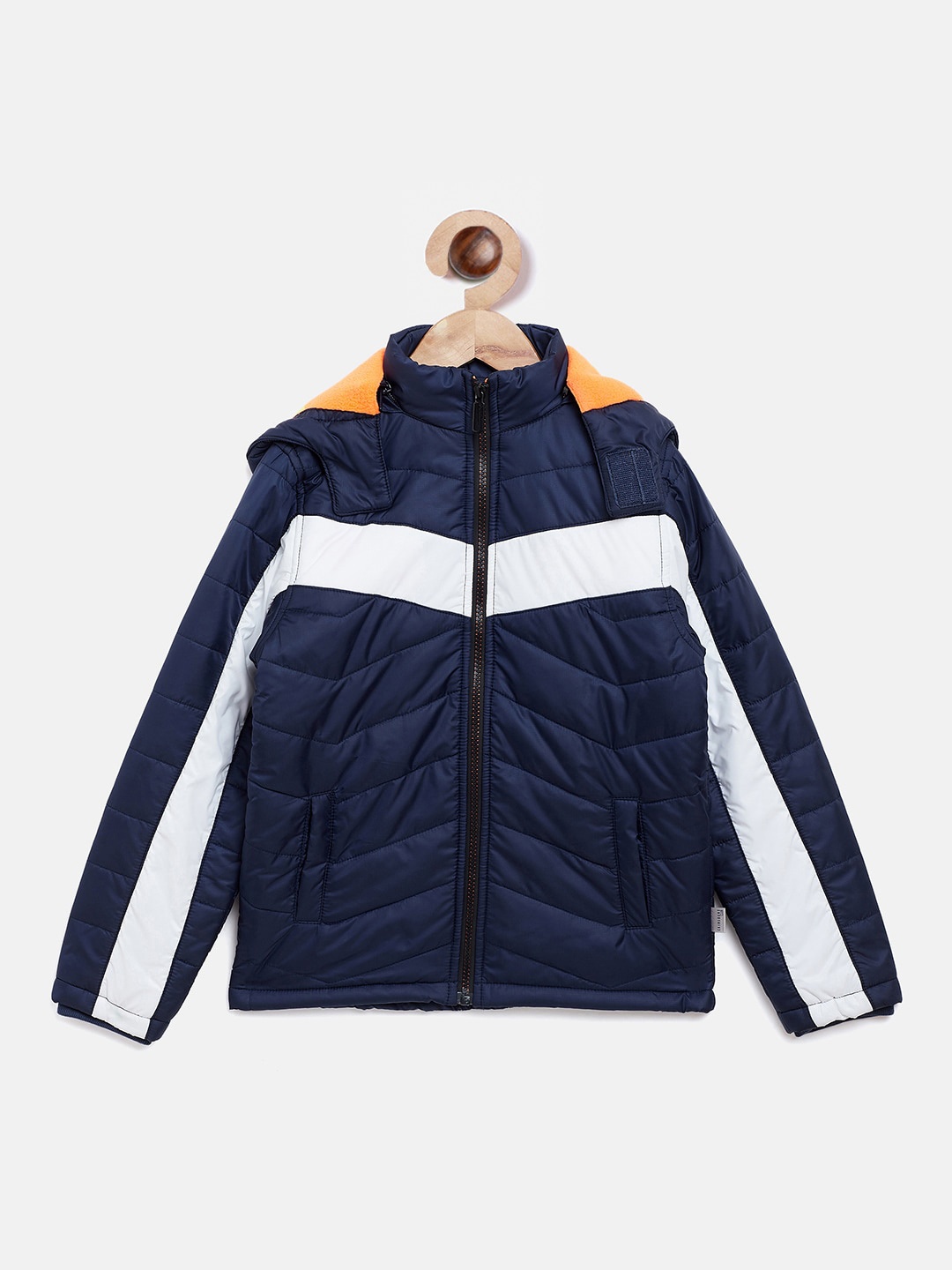 

Crimsoune Club Boys Navy Blue & White Colourblocked Detachable Hooded Padded Jacket