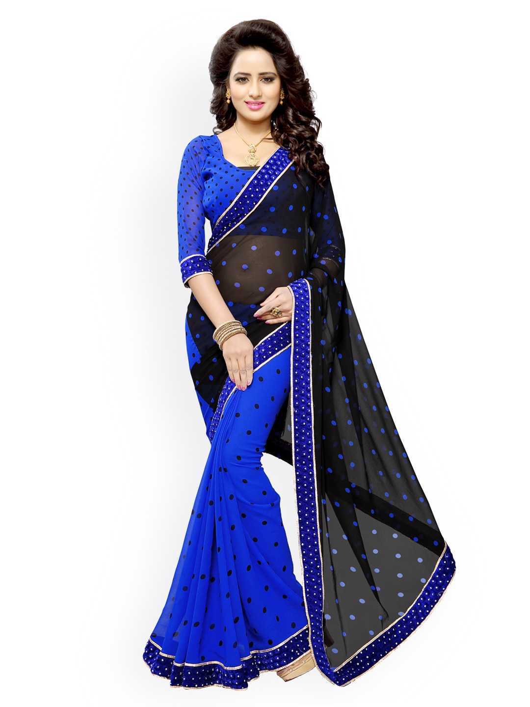 

Mirchi Fashion Black & Blue Polka Dot Print Poly Georgette Saree