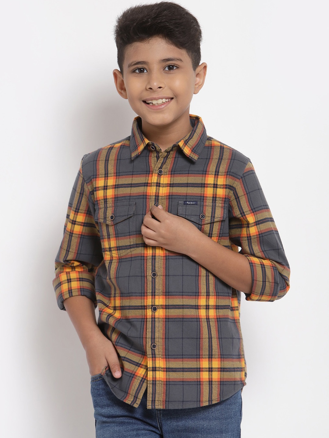 

Pepe Jeans Boys Grey & Yellow Tartan Checks Opaque Cotton Casual Shirt