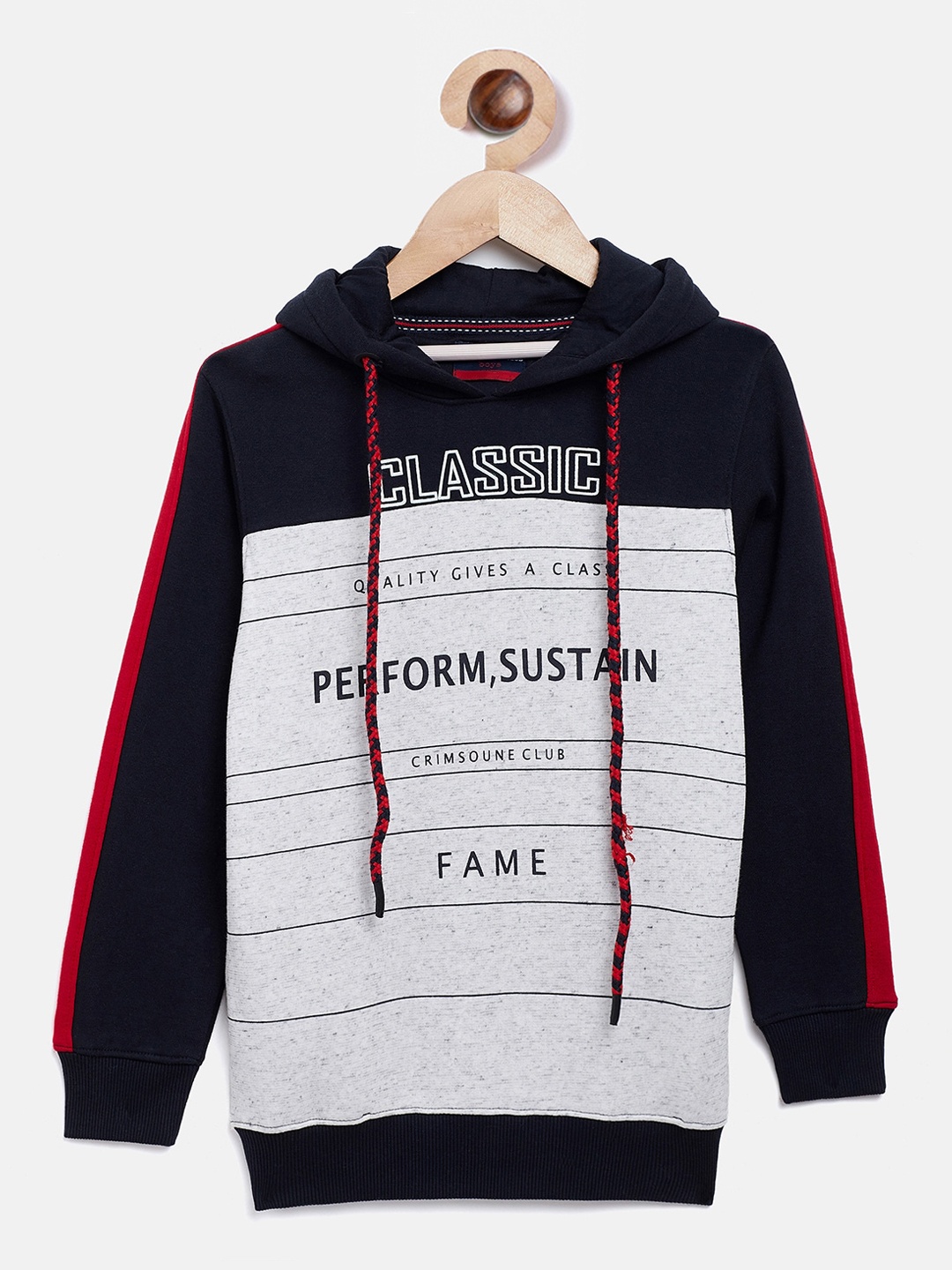 

Crimsoune Club Boys Navy Blue Colourblocked Hooded Sweatshirt