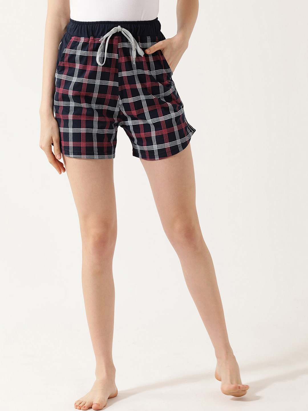 

V2 Value & Variety Women Navy Blue & White Checked Regular Shorts