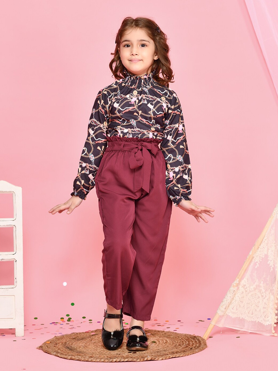 

LilPicks Girls Black & Maroon Printed Top with Trousers