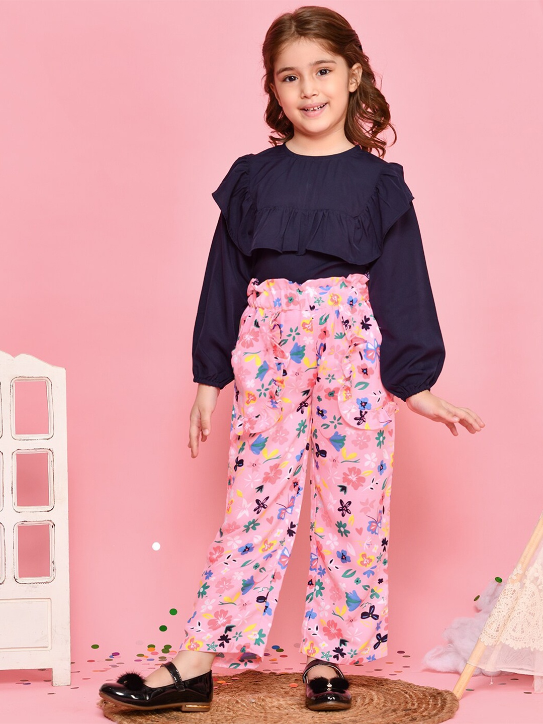 

LilPicks Girls Vintage Top with Funky Floral Print Palazzo Set, Navy blue