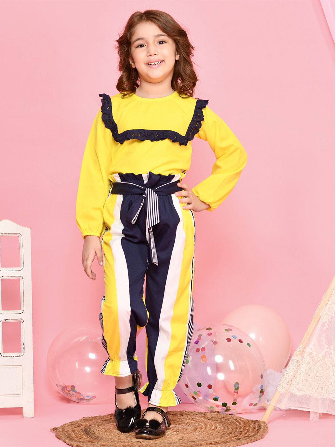 

LilPicks Girls Yellow & Black Lacy Top with Trousers