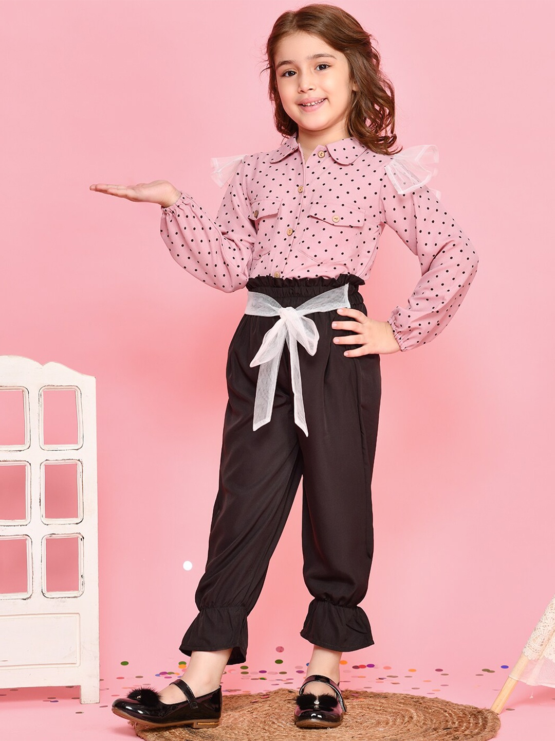 

LilPicks Girls Pink & Brown Polka Dots Printed Shirt with Jogger Trousers
