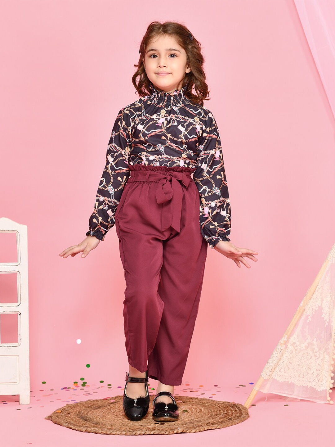 

LilPicks Girls Black & Maroon Printed Top with Trousers