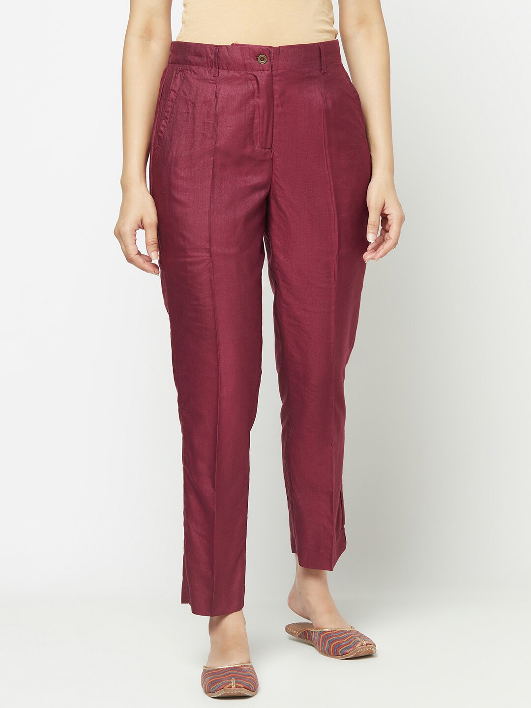 

Fabindia Women Maroon Pleated Cigerette Trousers