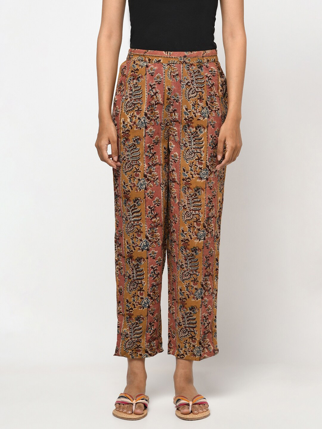 

Fabindia Women Pink & Mustard yellow Kalamkari Printed Cotton Trousers