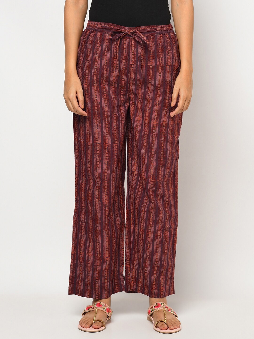 

Fabindia Women Maroon Striped Palazzos