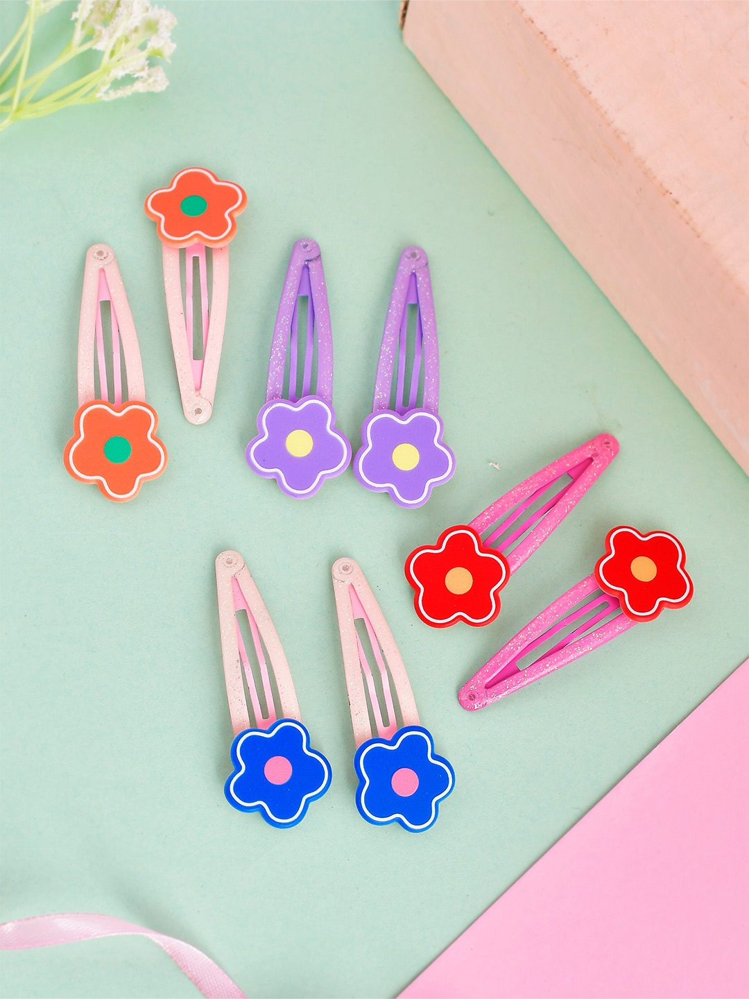 

Silvermerc Designs Women Set of 8 Orange & Blue Floral Tic Tac Hair Clip