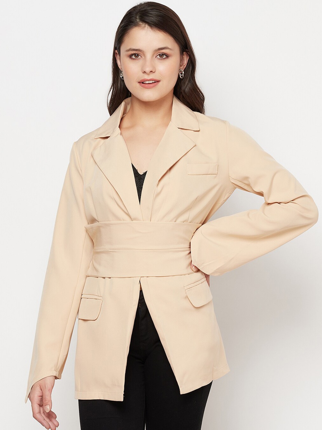 

iki chic Women Beige Solid Wrap Coat