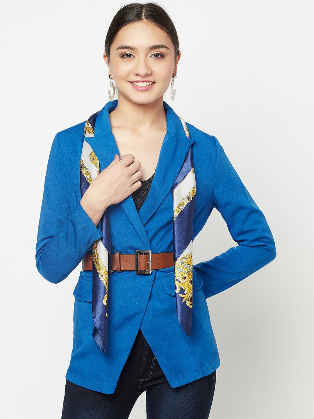 

iki chic Women Blue Solid Slim Fit Wrap Blazer With Scarf & Belt