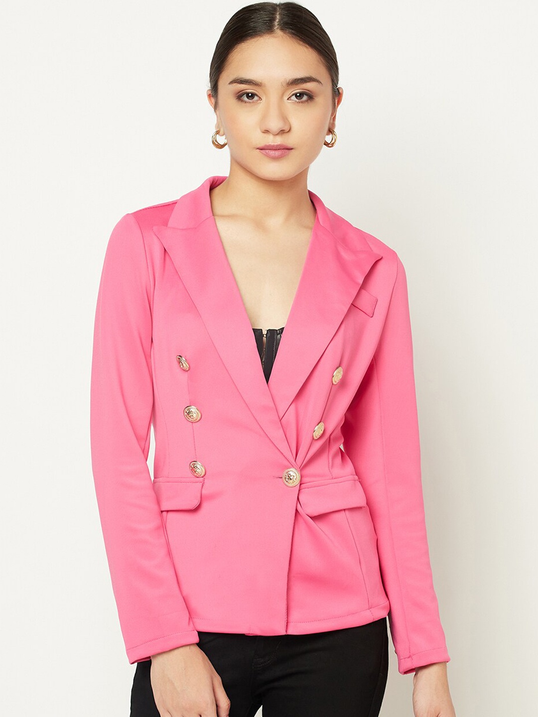 

iki chic Women Pink Solid Fitted Double-Breasted Pea Coat With Studded Styling