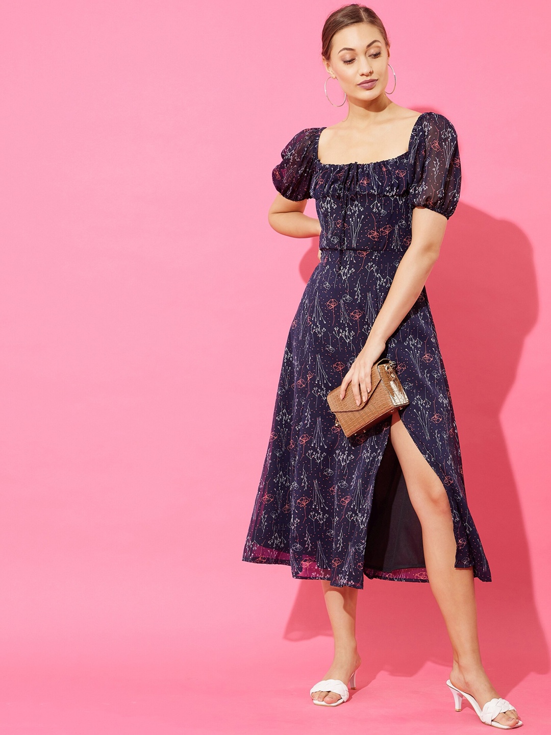 

ANVI Be Yourself Navy Blue Floral Printed Midi A-Line Dress