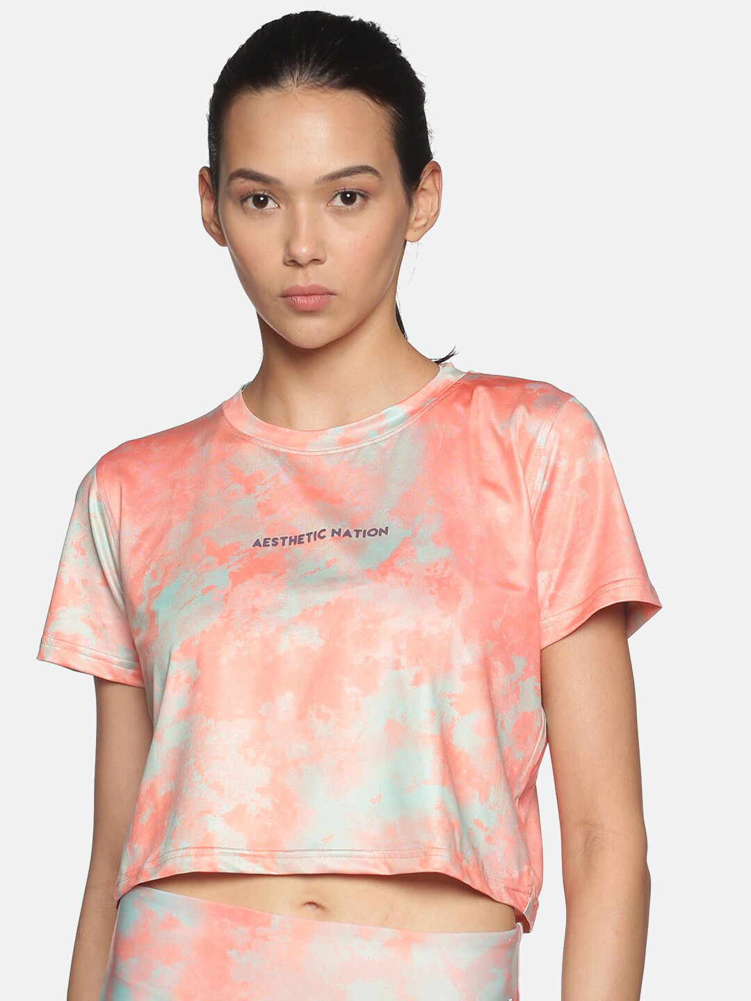 

AESTHETIC NATION Women Peach-Coloured & Grey Melange Tie and Dye Crop T-shirt
