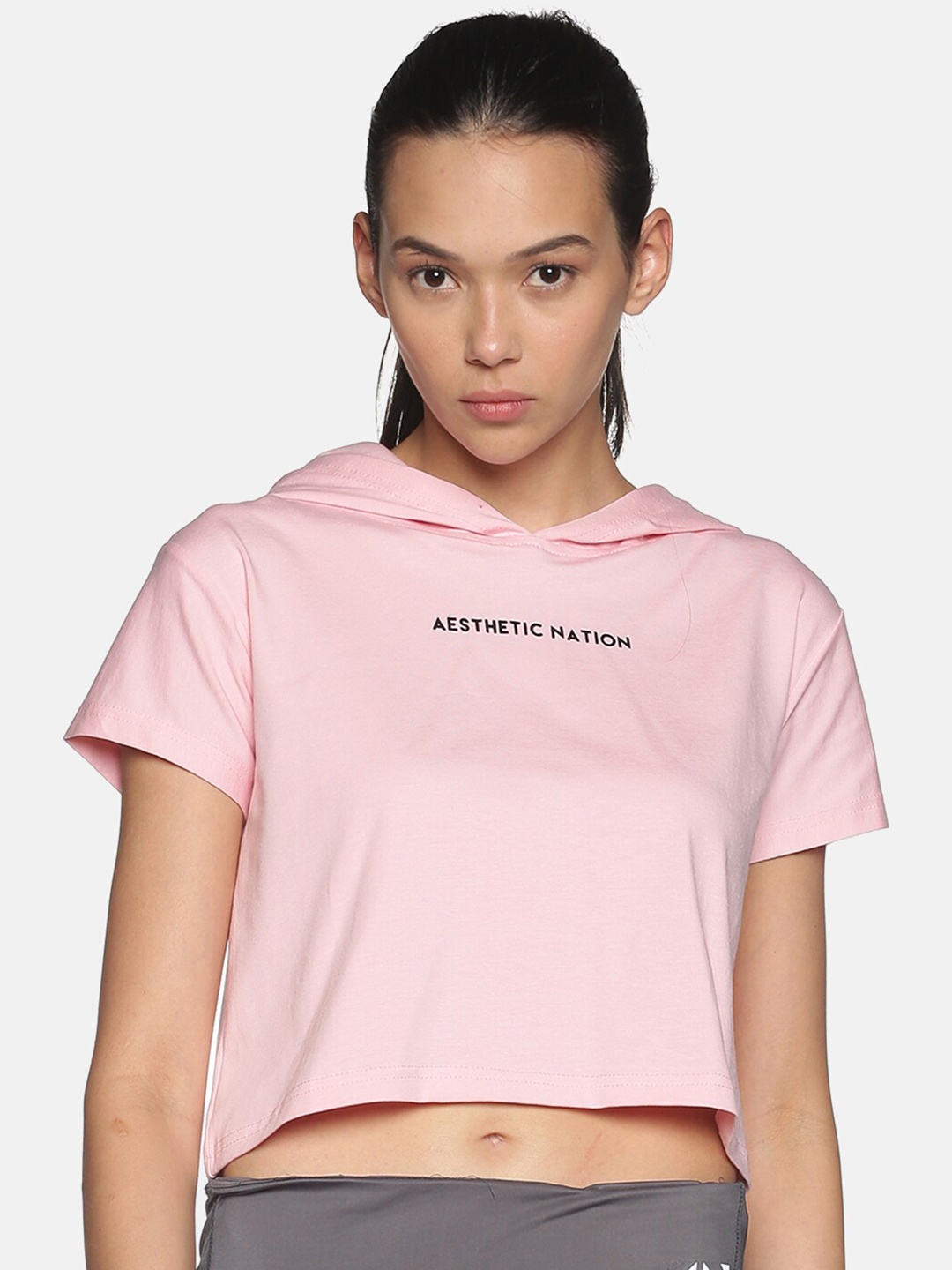 

AESTHETIC NATION Women Pink & Black Printed Hooded Loose T-shirt
