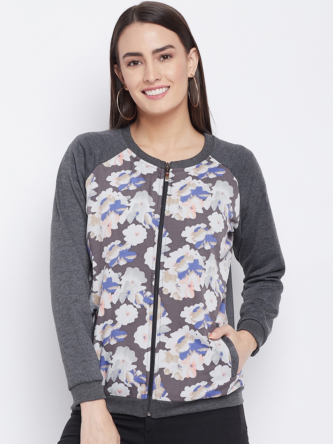 

PURYS Women Grey Floral Printed Bomber Jacket