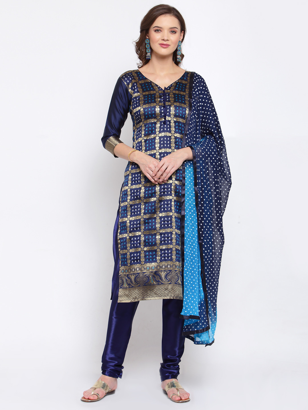 

SERONA FABRICS Blue & Golden Chanderi Jacquard Bandhani Print Unstitched Dress Material