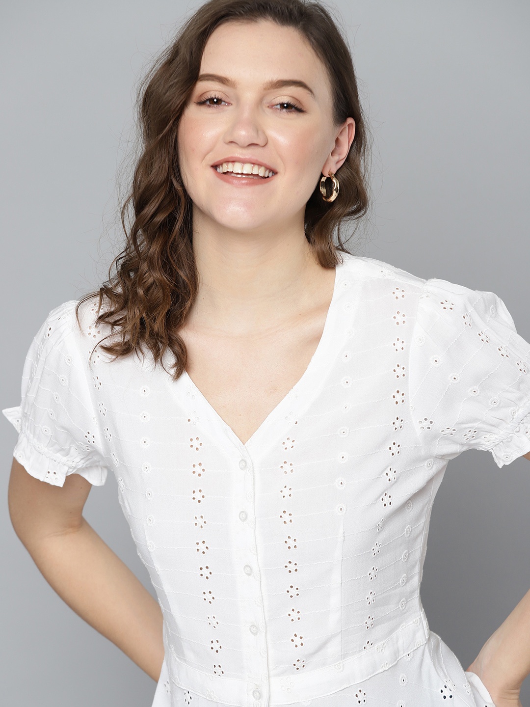 

Mast & Harbour Women White Self Design Ruffles Schiffli Top