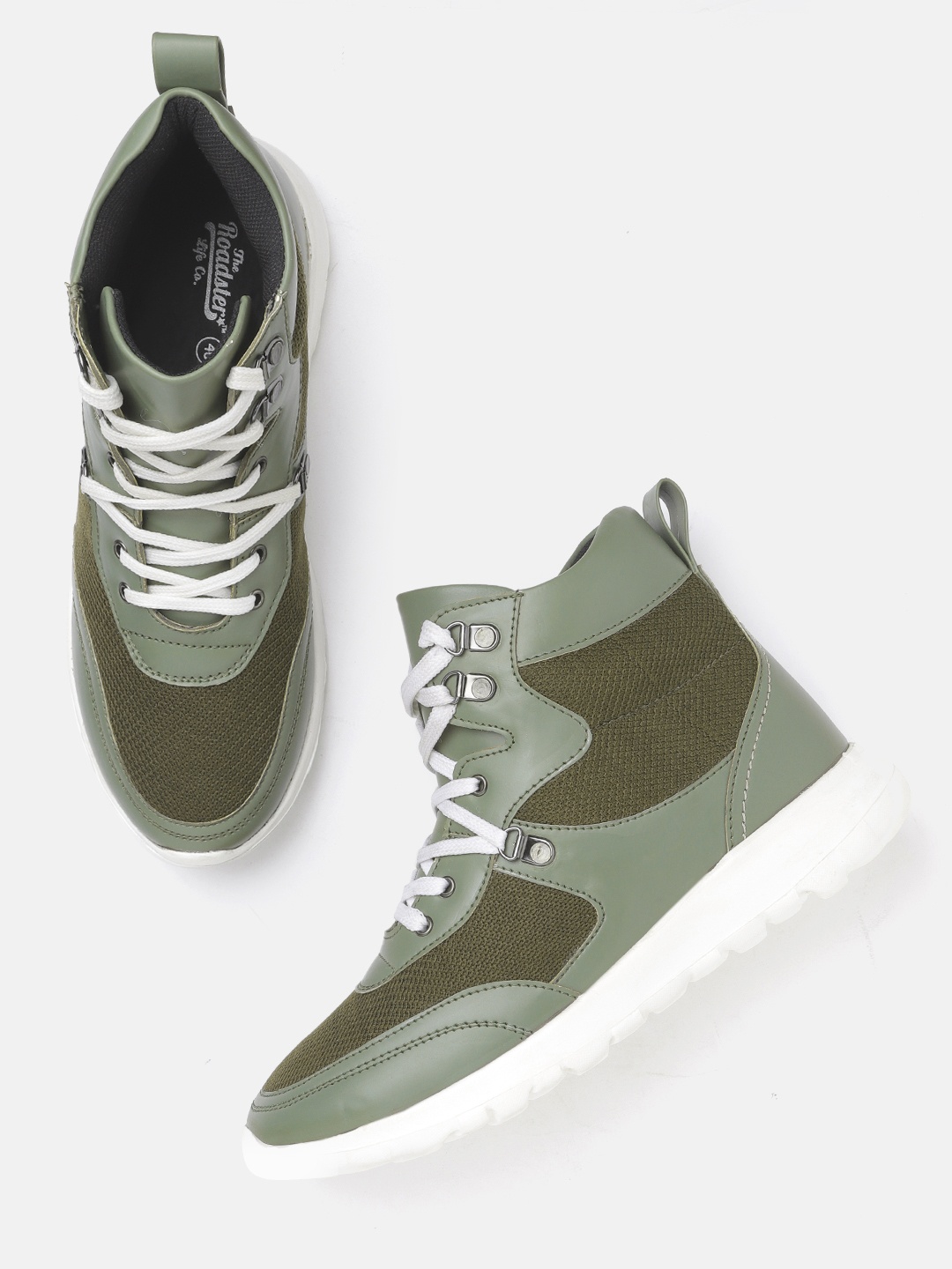 

The Roadster Lifestyle Co Women Olive Green Colourblocked Mid-Top Sneakers