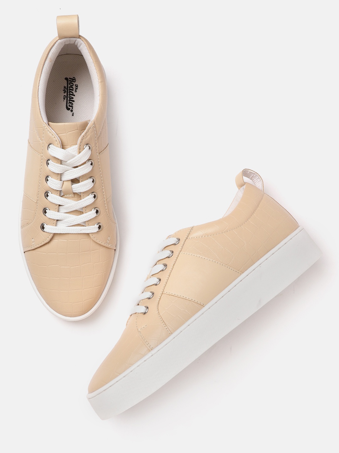 

The Roadster Lifestyle Co Women Nude-Coloured Croc Textured Flatform Sneakers