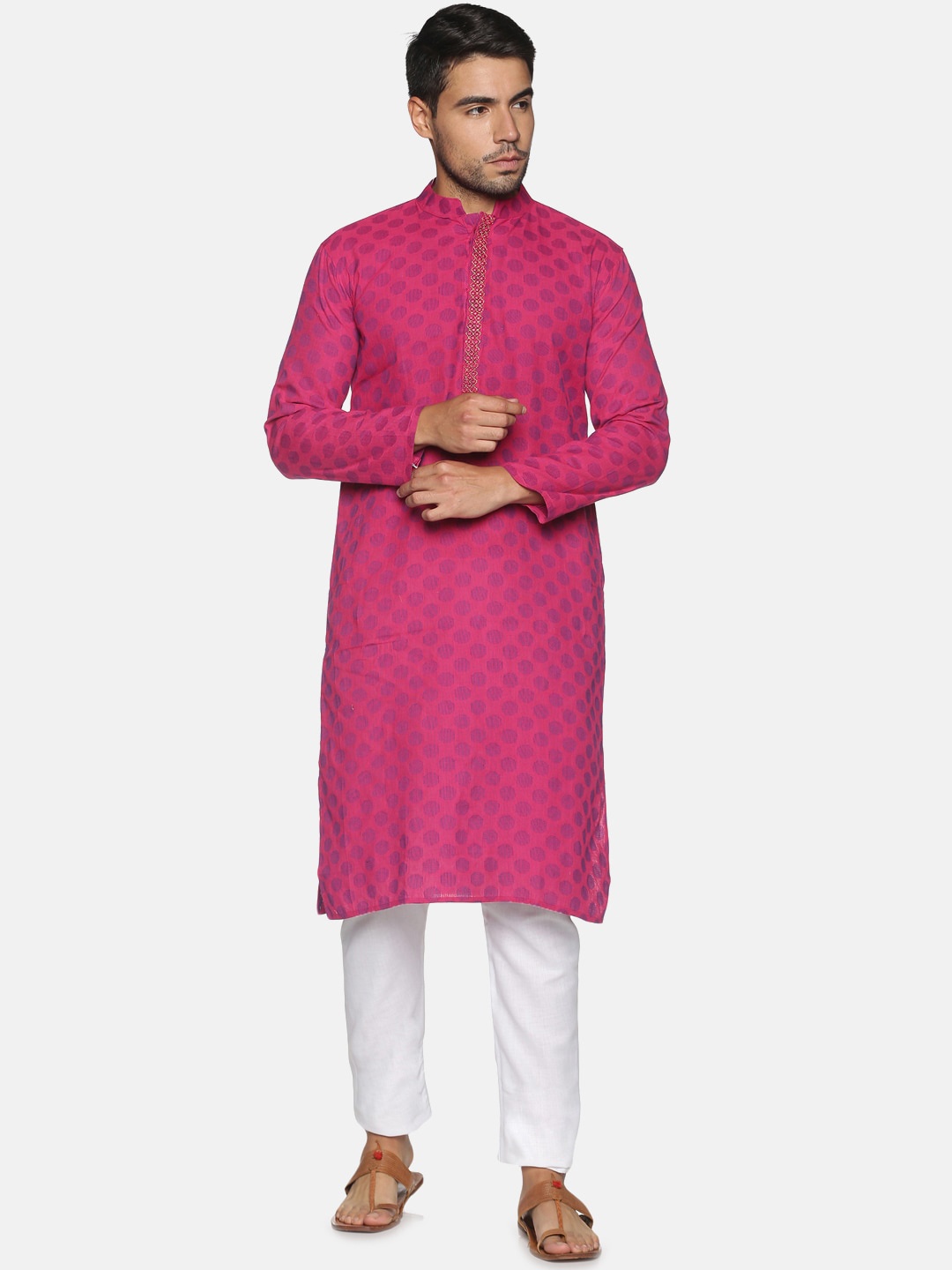 

PAROKSH Men Pink Printed Khadi Handloom Pure Cotton Kurta