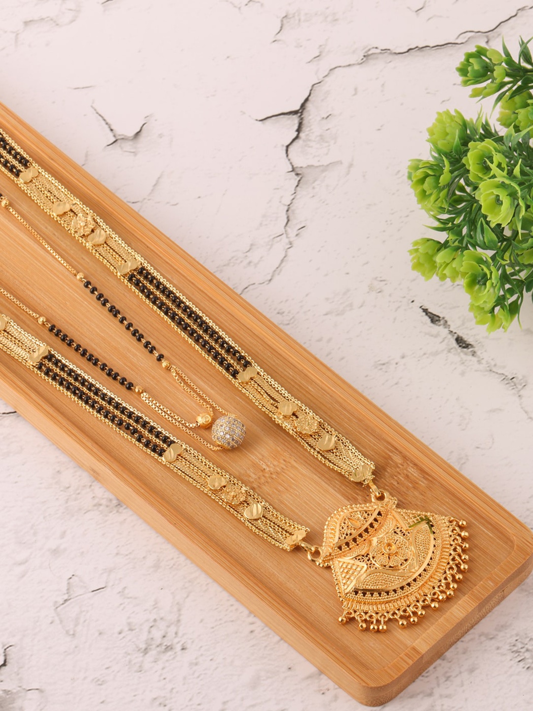 

Brandsoon Set of 2 Gold-Toned & Black Gold-Plated Beaded Mangalsutra