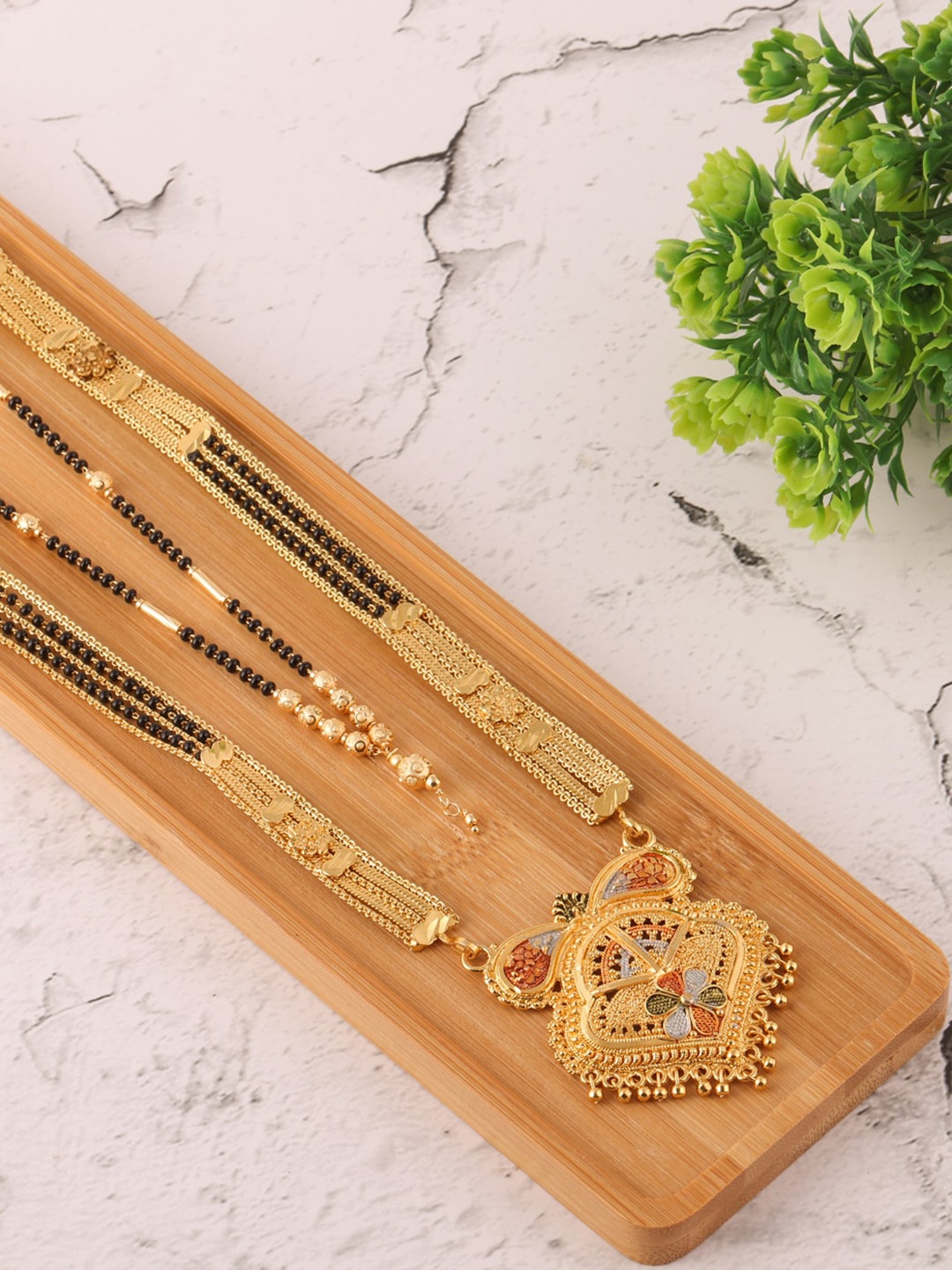 

Brandsoon Set of 2 Gold-Toned & Black Gold-Plated Beaded Mangalsutra