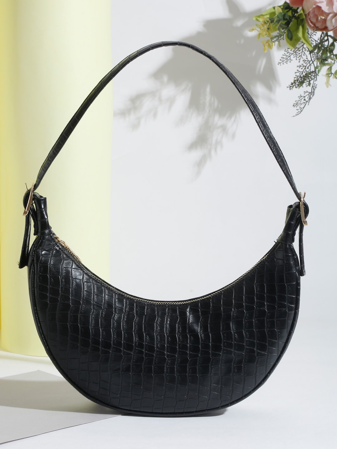 

Apsis Black Textured Half Moon Hobo Bag