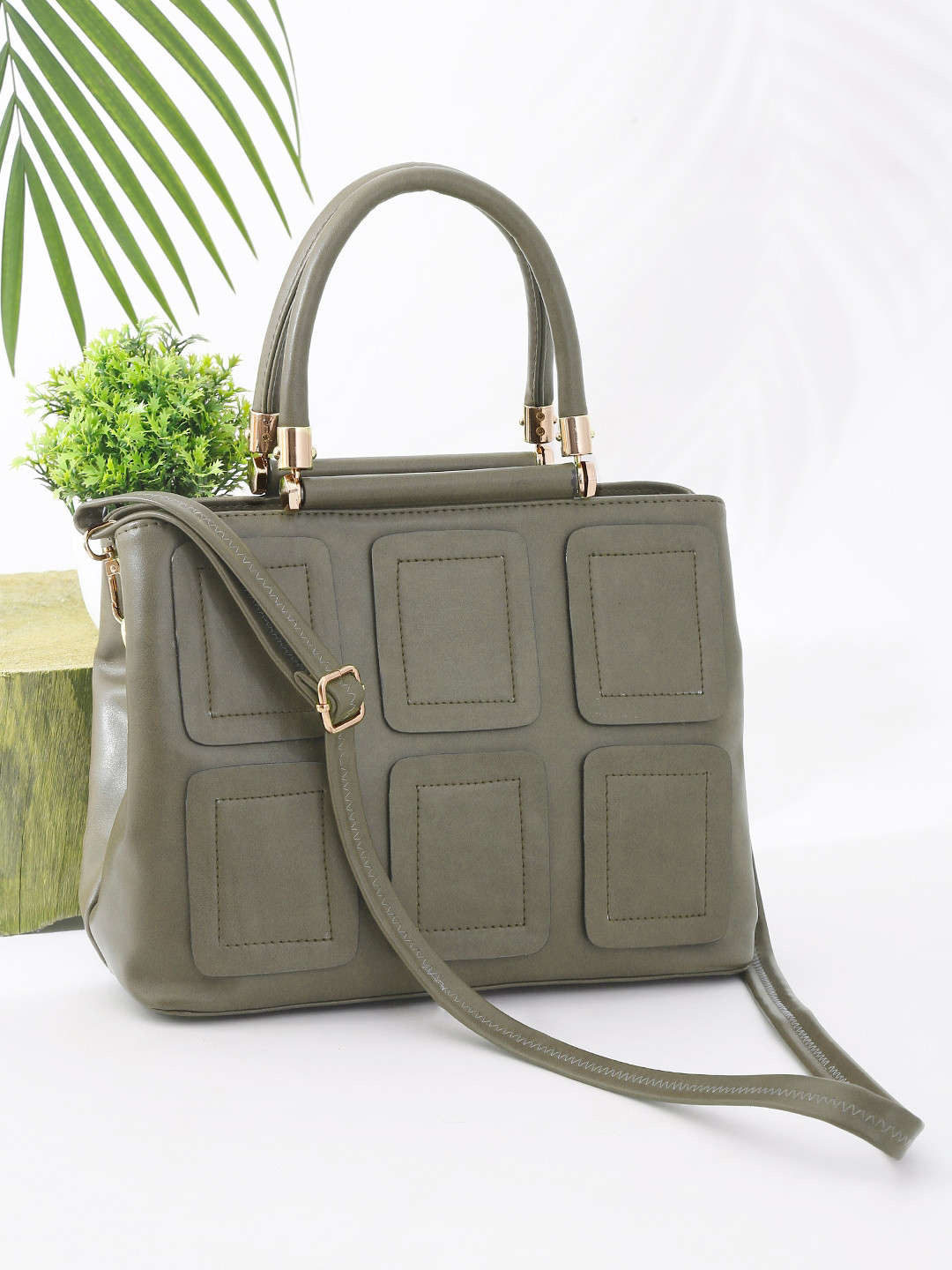 

Apsis Olive Green Textured Structured Shoulder Bag