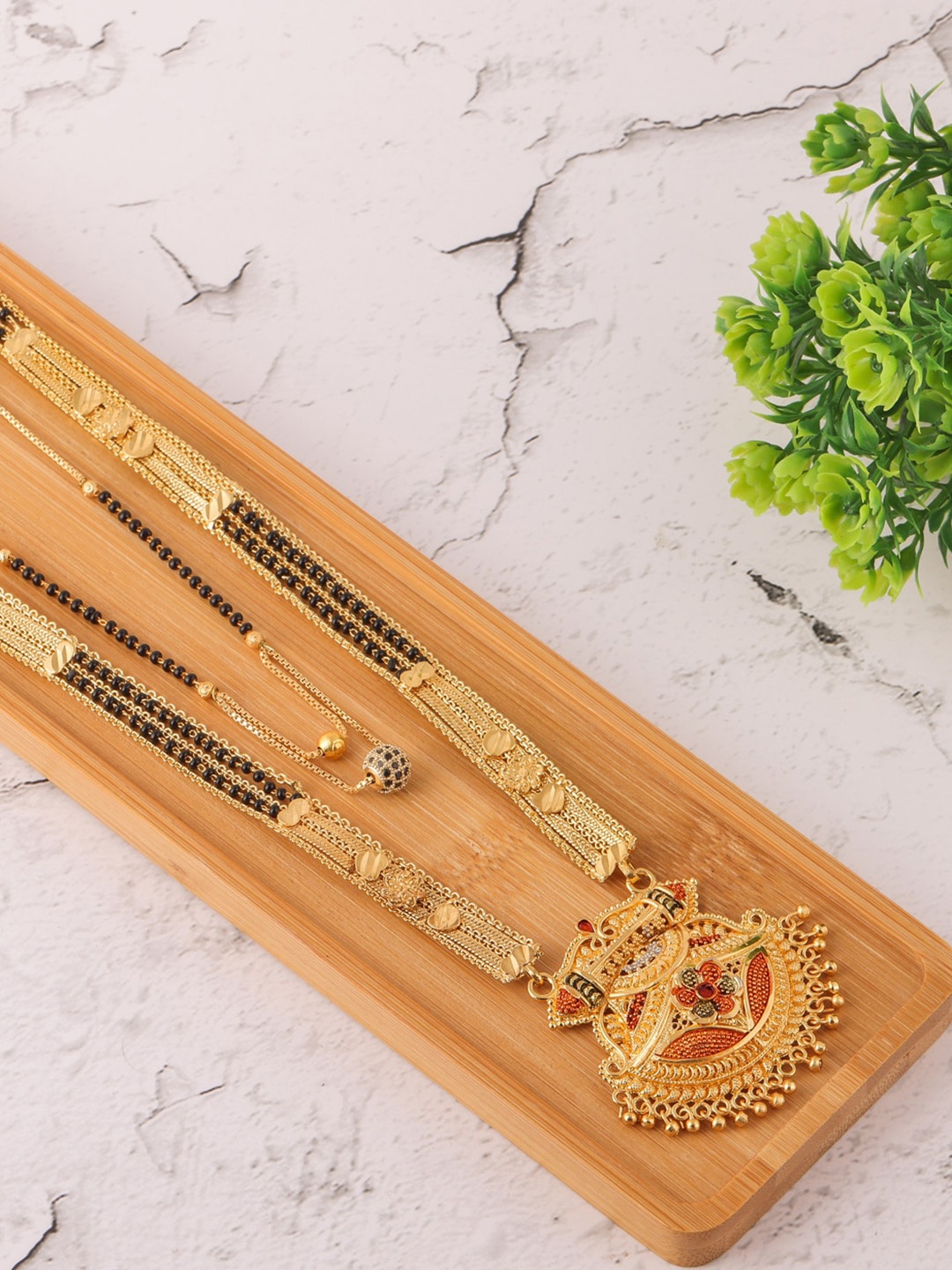 

Brandsoon Set of 2 Gold-Toned & Black Gold-Plated Beaded Mangalsutra