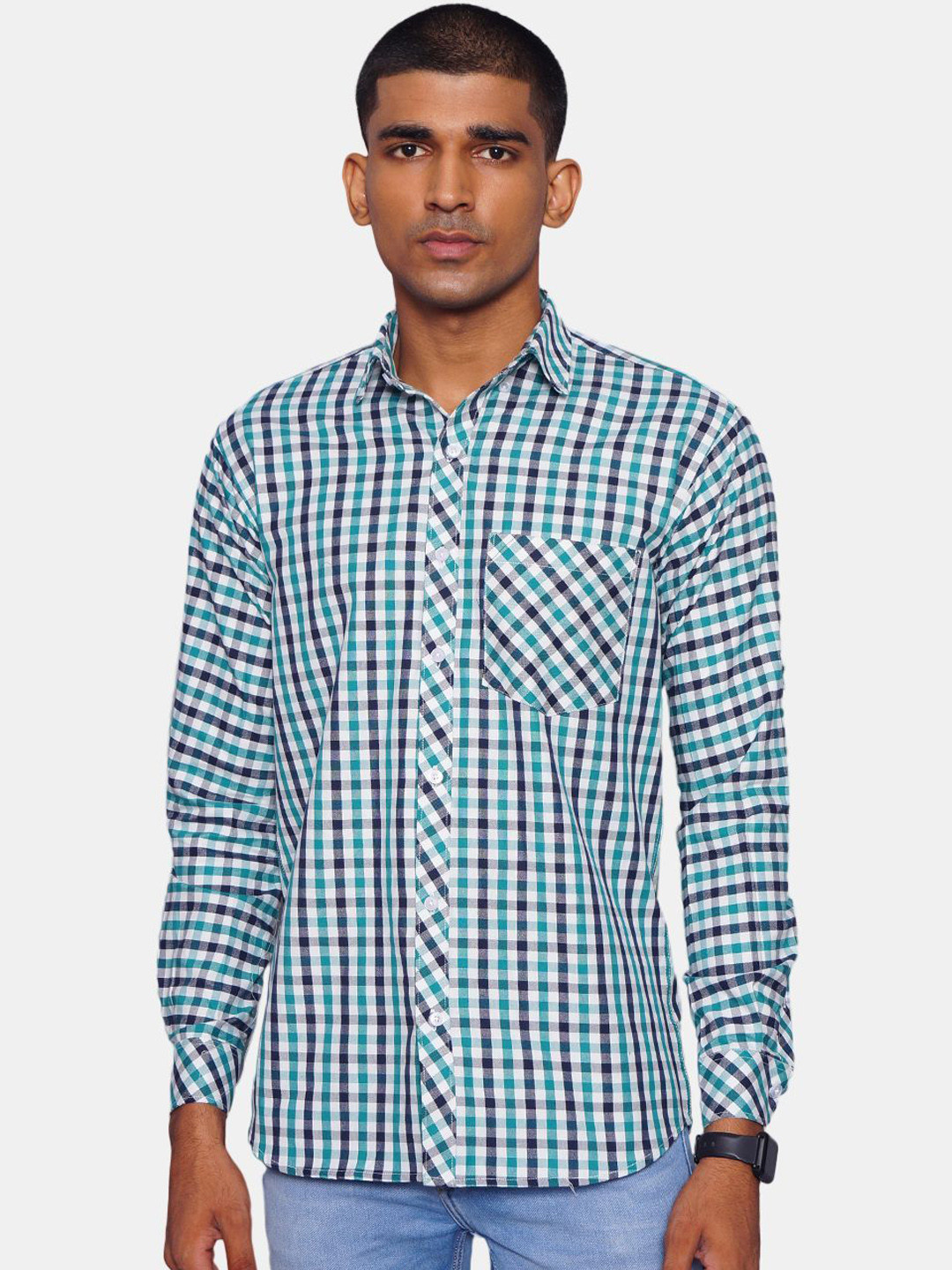 

Wintage Men Green Gingham Checks Opaque Checked Casual Shirt