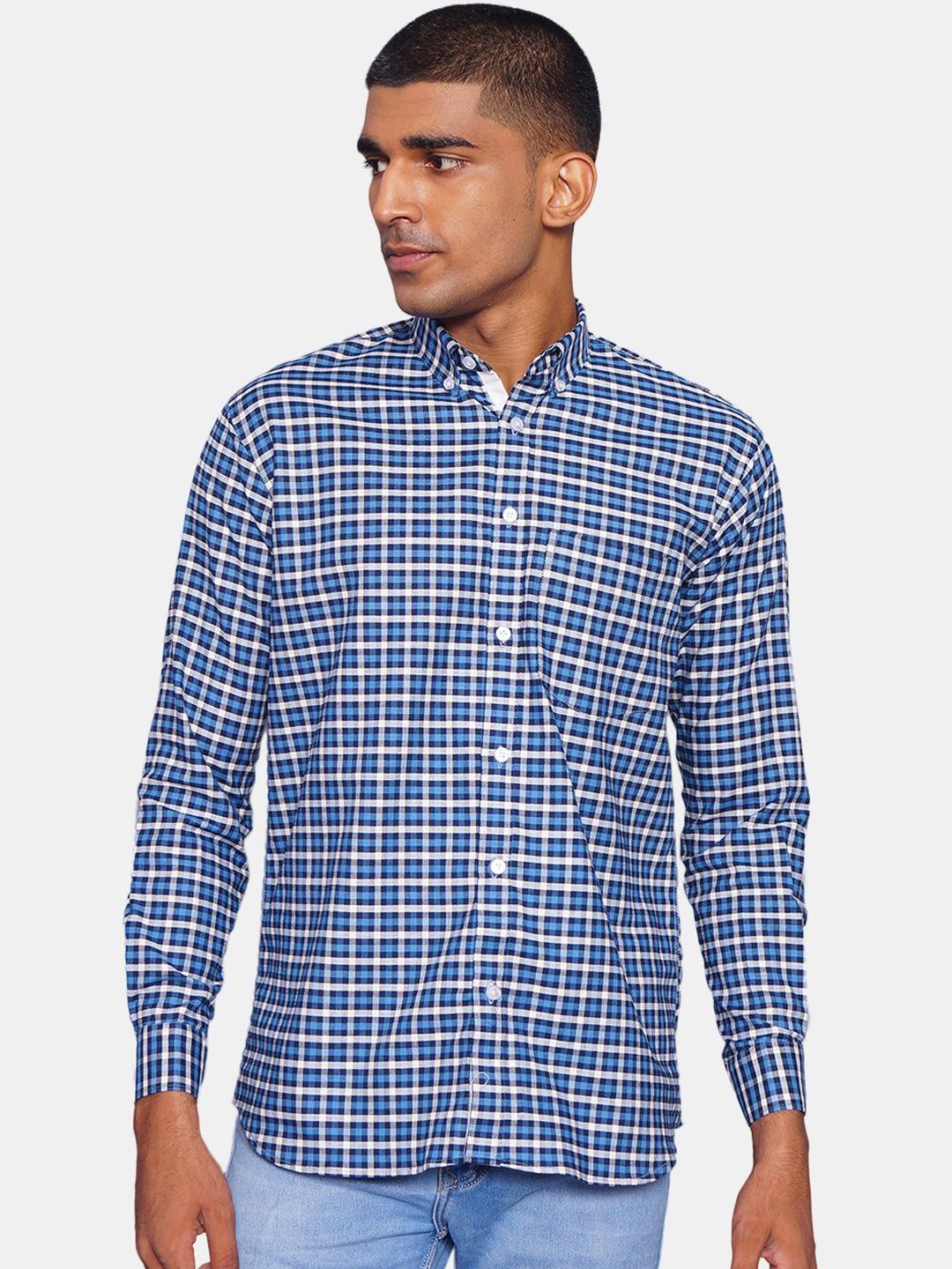 

Wintage Men Blue & White Grid Tattersall Checks Opaque Pure Cotton Casual Shirt