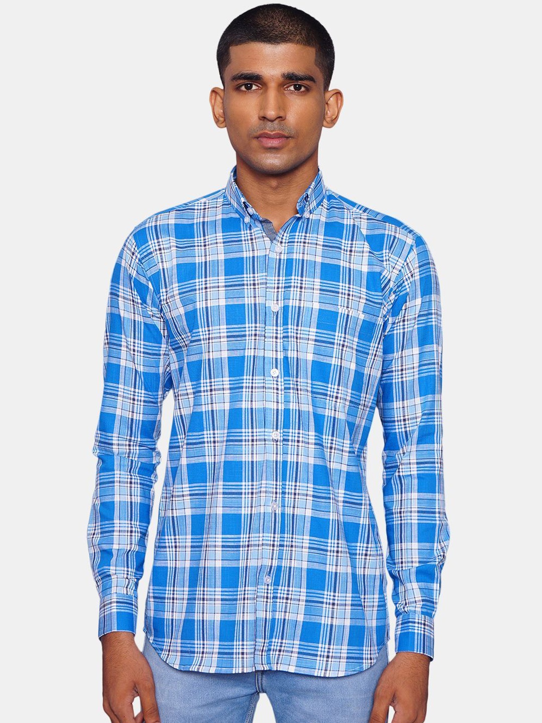 

Wintage Men Blue & White Tartan Checks Opaque Pure Cotton Casual Shirt