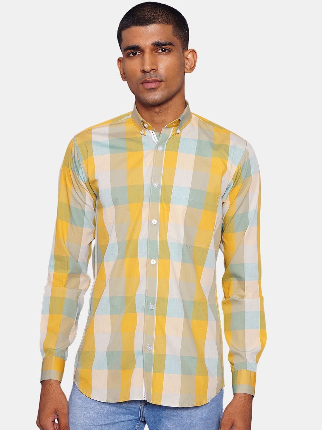 

Wintage Men Yellow & White Opaque Checked Pure Cotton Casual Shirt