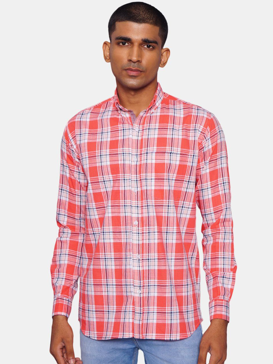

Wintage Men Orange & White Tartan Checks Opaque Pure Cotton Casual Shirt