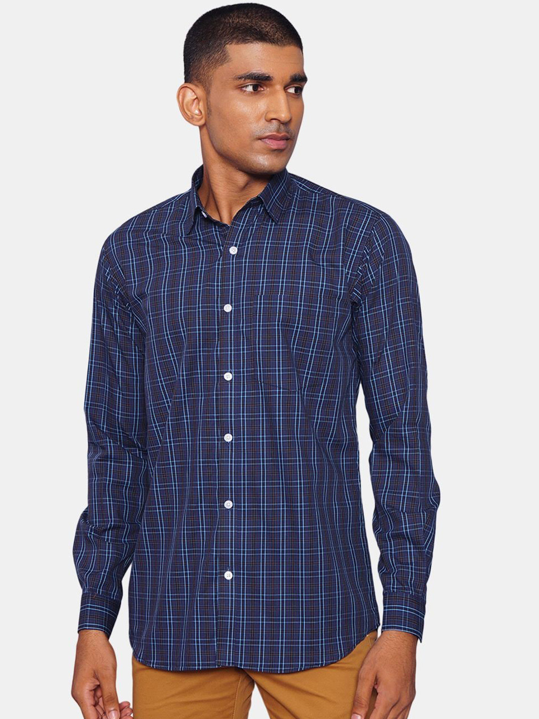 

Wintage Men Blue Grid Tattersall Checks Opaque Pure Cotton Casual Shirt