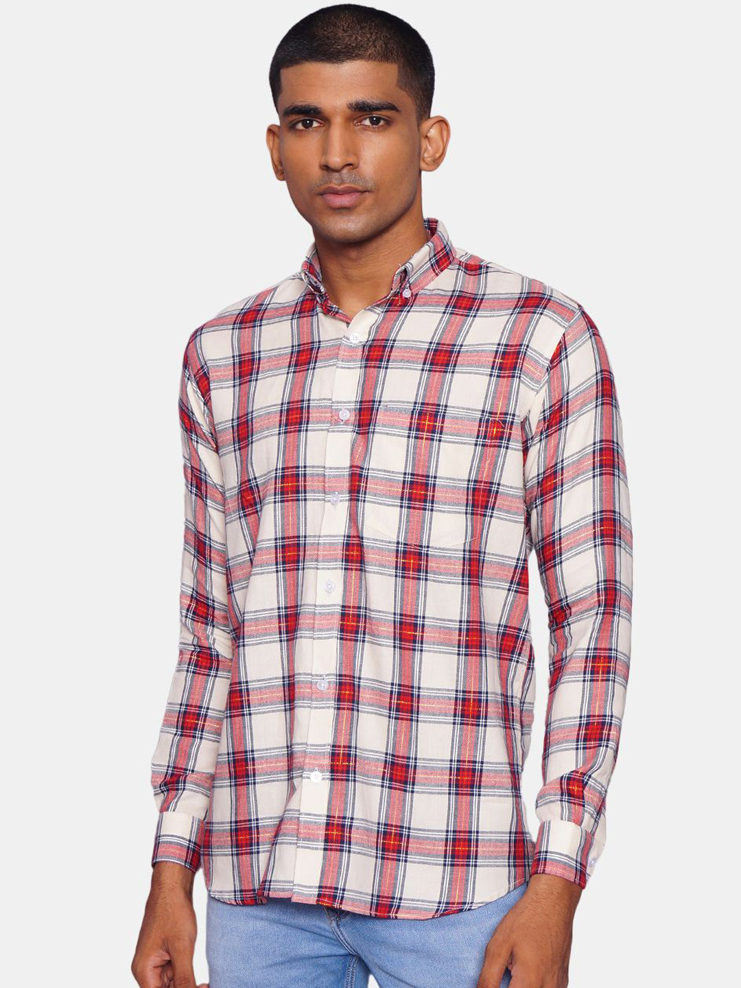 

Wintage Men White & Red Tartan Checks Opaque Pure Cotton Casual Shirt