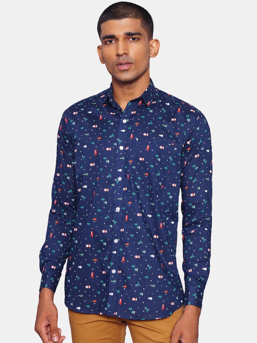 

Wintage Men Navy Blue Opaque Printed Pure Cotton Casual Shirt