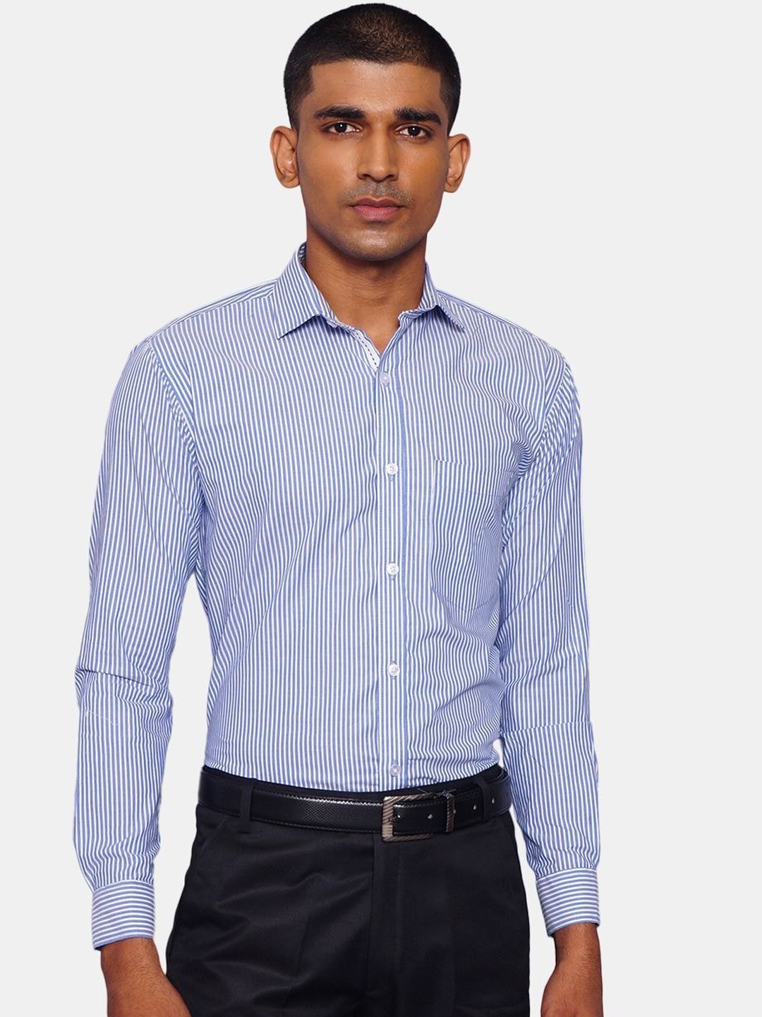 

Wintage Men Blue & White Opaque Striped Pure Cotton Formal Shirt
