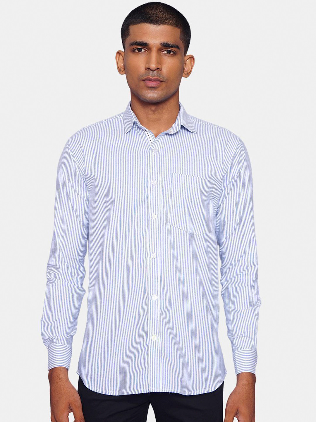 

Wintage Men Blue & White Opaque Striped Pure Cotton Casual Shirt