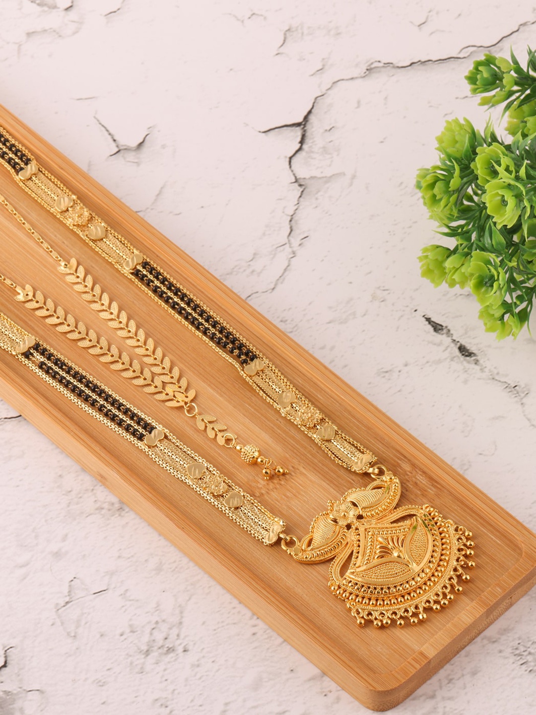 

Brandsoon Set of 2 Gold-Toned & Black Gold-Plated Beaded Mangalsutra