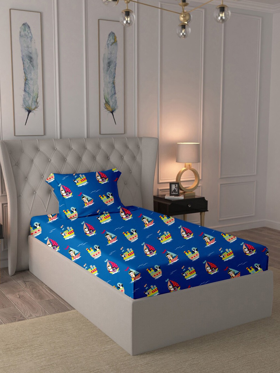 

BLUE DAHLIA Navy Blue & Pink Cartoon Characters 220 TC Single Bedsheet with 1 Pillow Covers