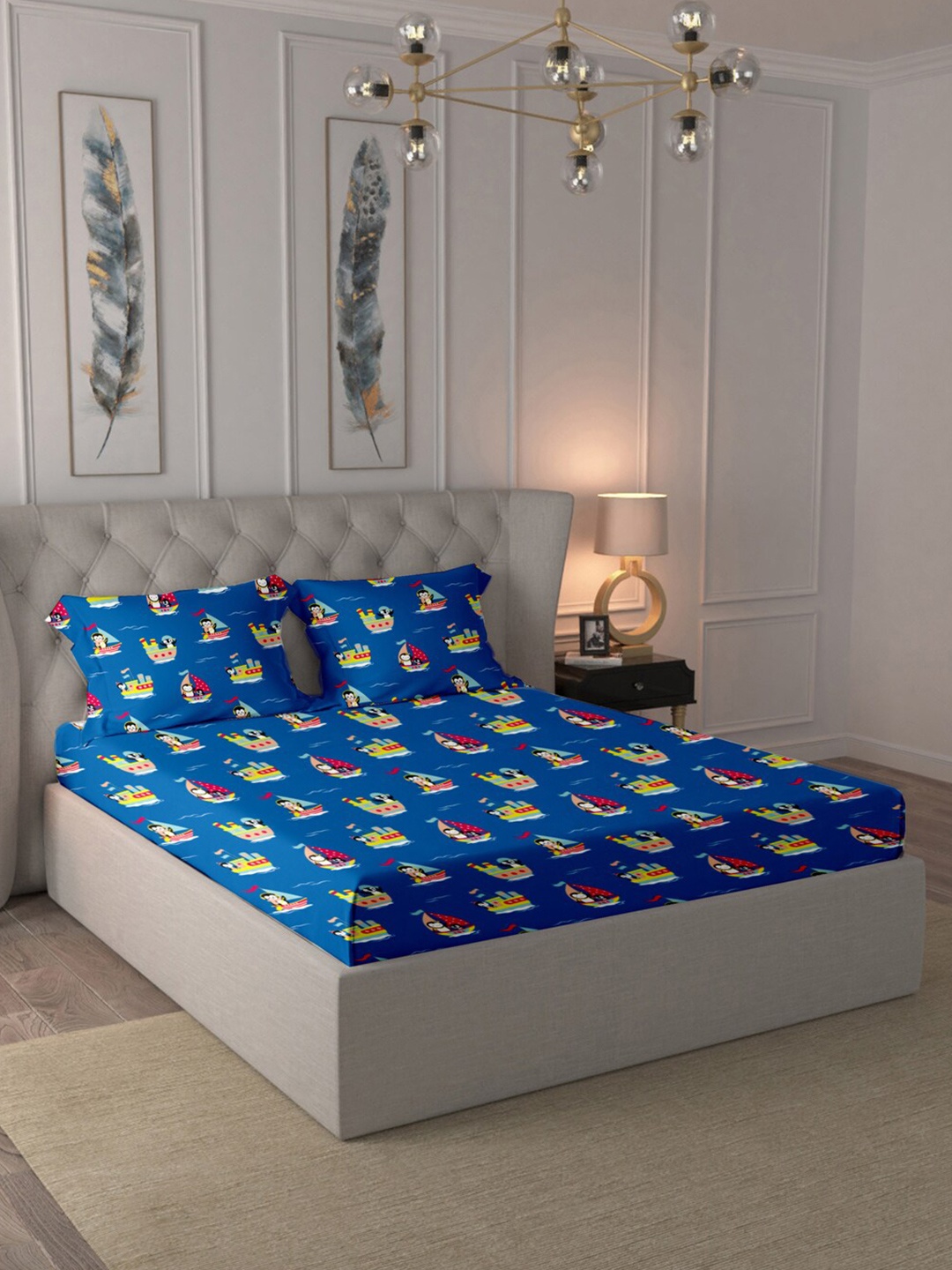 

BLUE DAHLIA Blue & Red Graphic Pure Cotton 220 TC King Bedsheet & 2 Pillow Covers