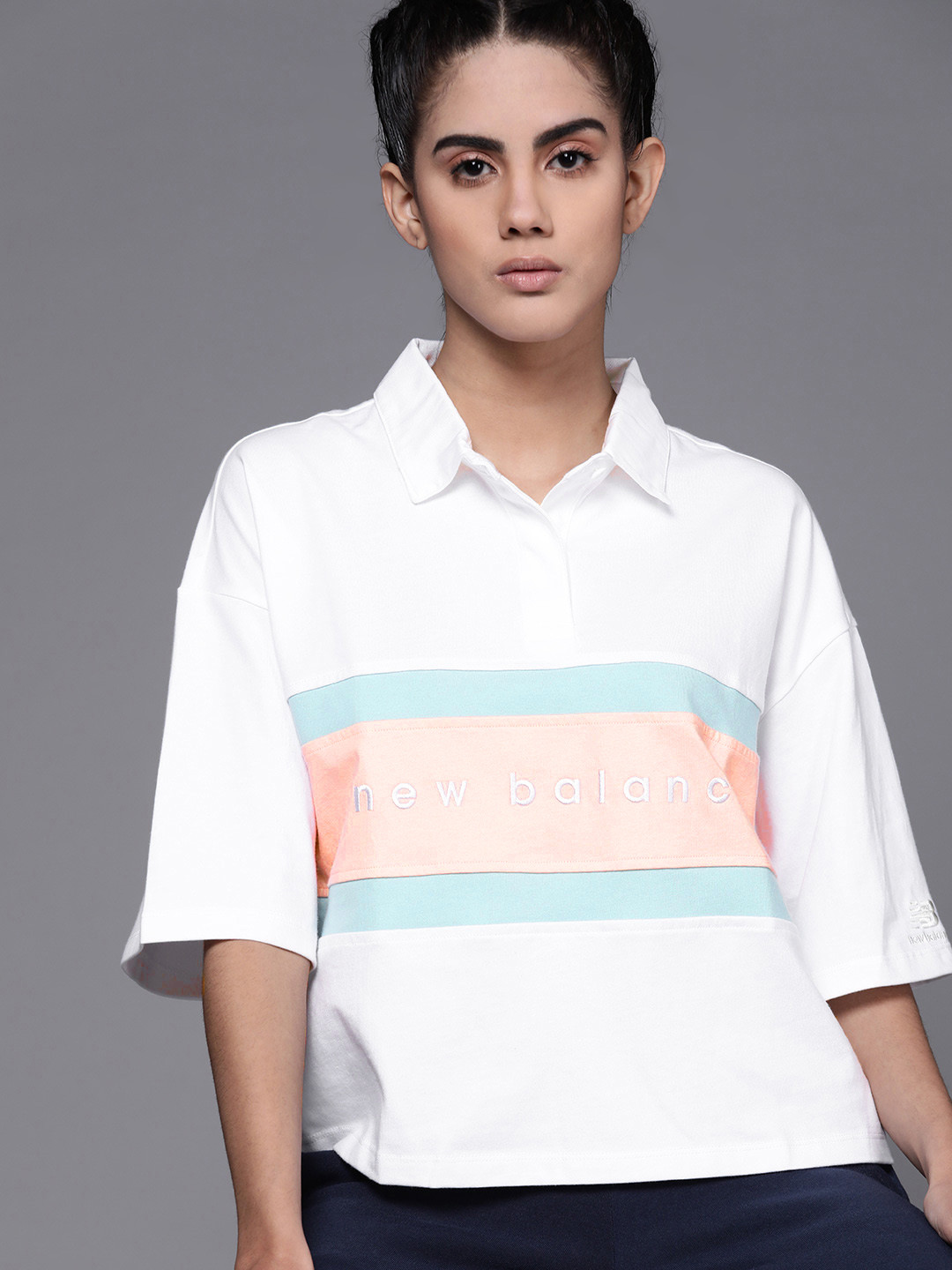 

New Balance White & Pink Striped Extended Sleeves Boxy Crop Top